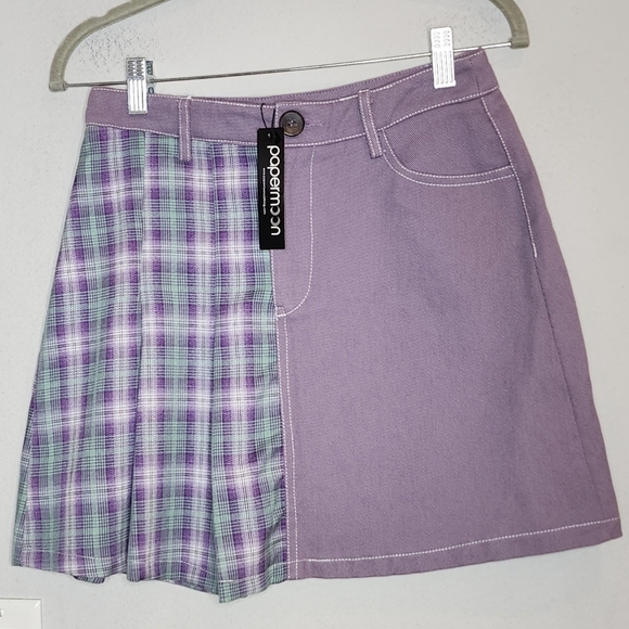 NWT Papermoom Mixed fabric Denim Pleated mini skirt. Purple green. Size Medium. - Picture 7 of 16